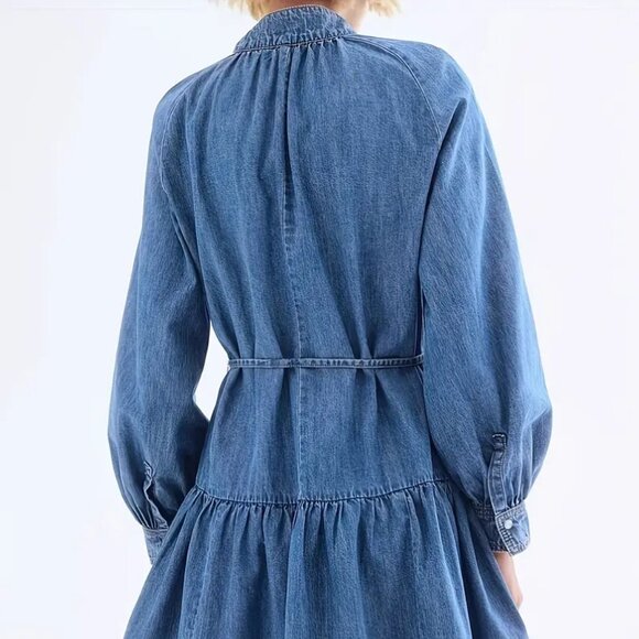 Lantern Sleeve Waist Tie Denim Dress - Picture 4 of 6